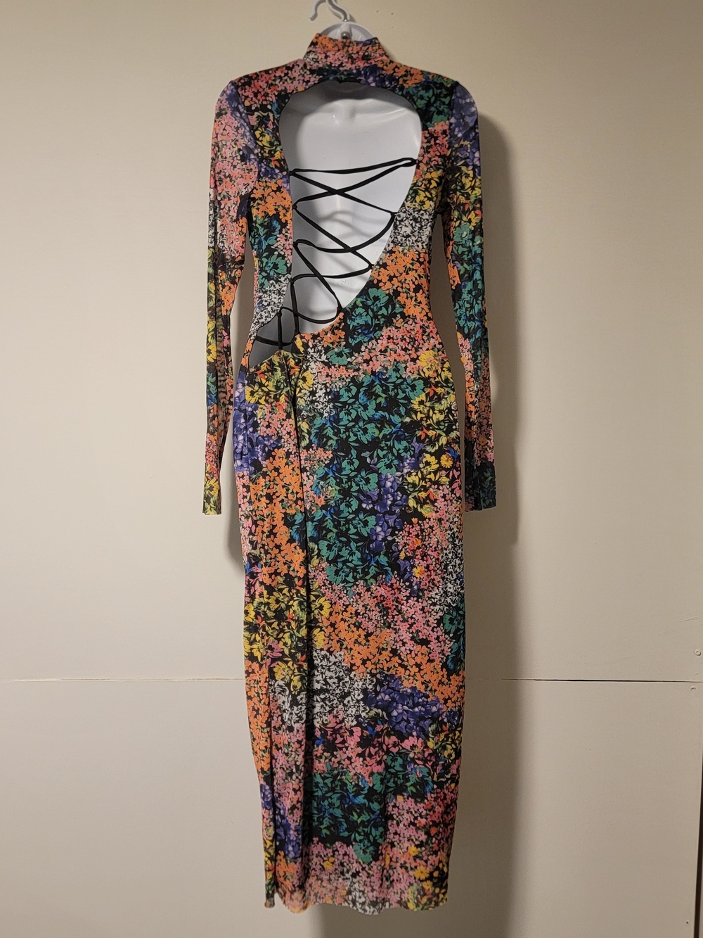 Floral Multicolor Lace-Back Long Sleeve Dress